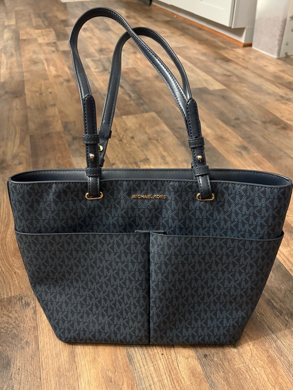 Michael Kors Navy Logo Tote with Gold Hardware